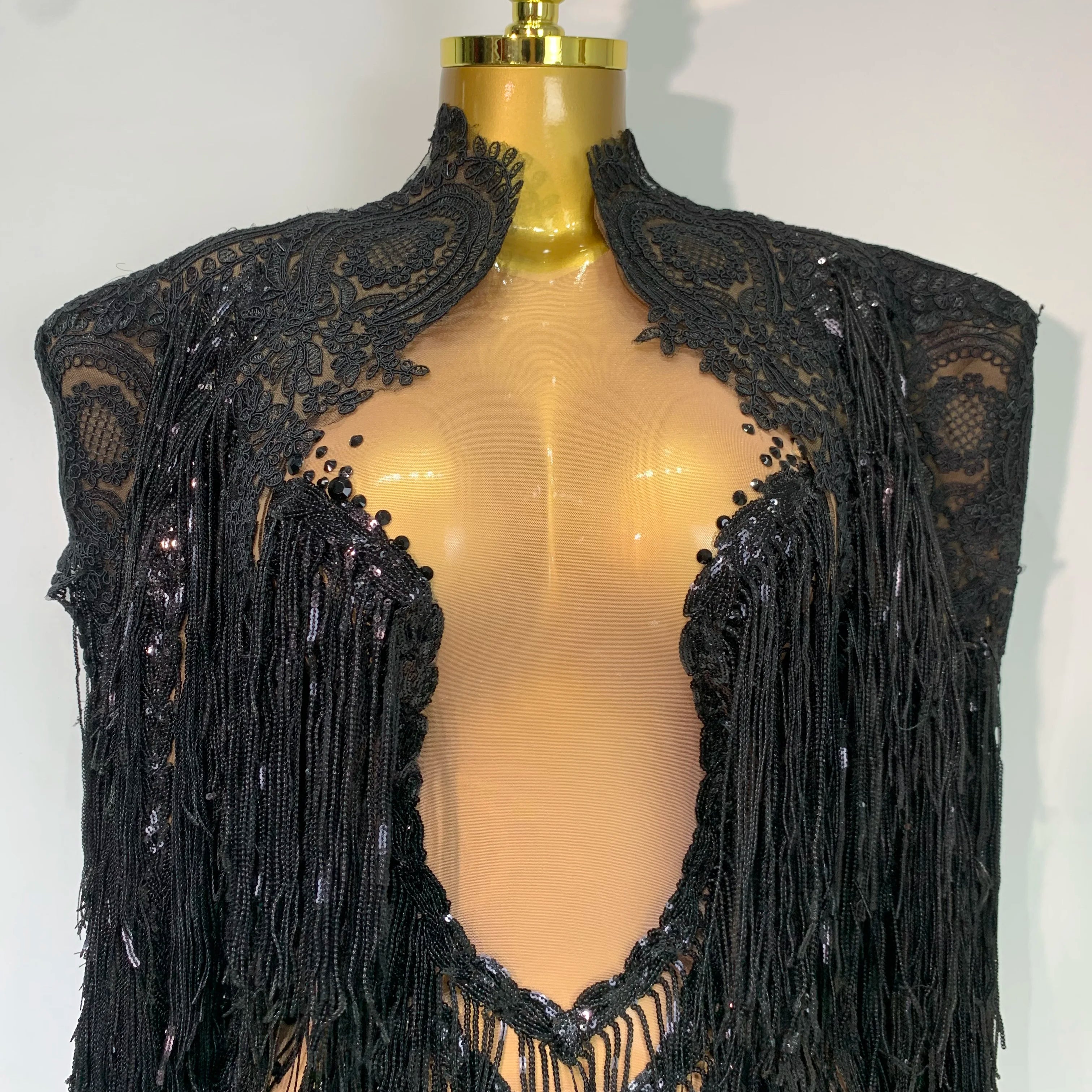 High Quality Rhinestones Tassels Mini Dress Suit Luxury Women Sexy See Through Mesh Party Club Dresses Performance Stage Outfit