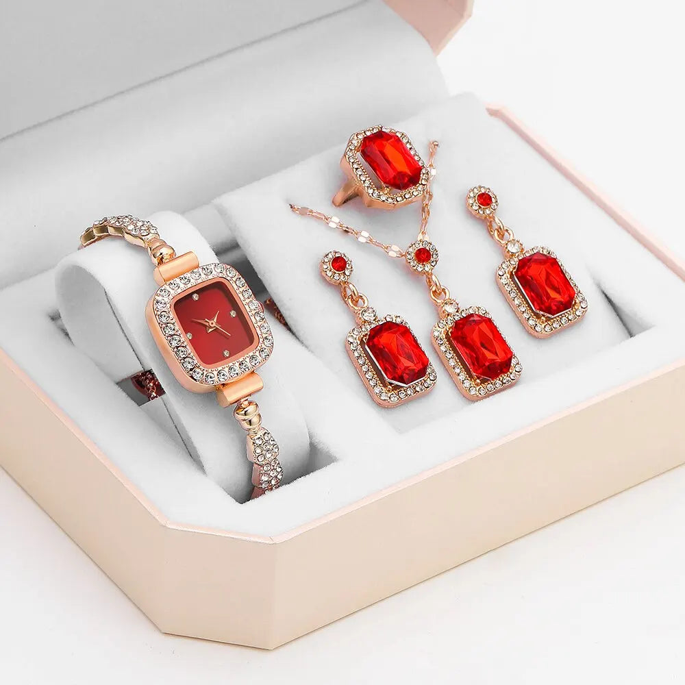 5PCS Set Luxury Square Watch Women Ring Necklace Earring Rhinestone Fashion Watch Casual Ladies Bracelet Watches Montre Femme ROSE