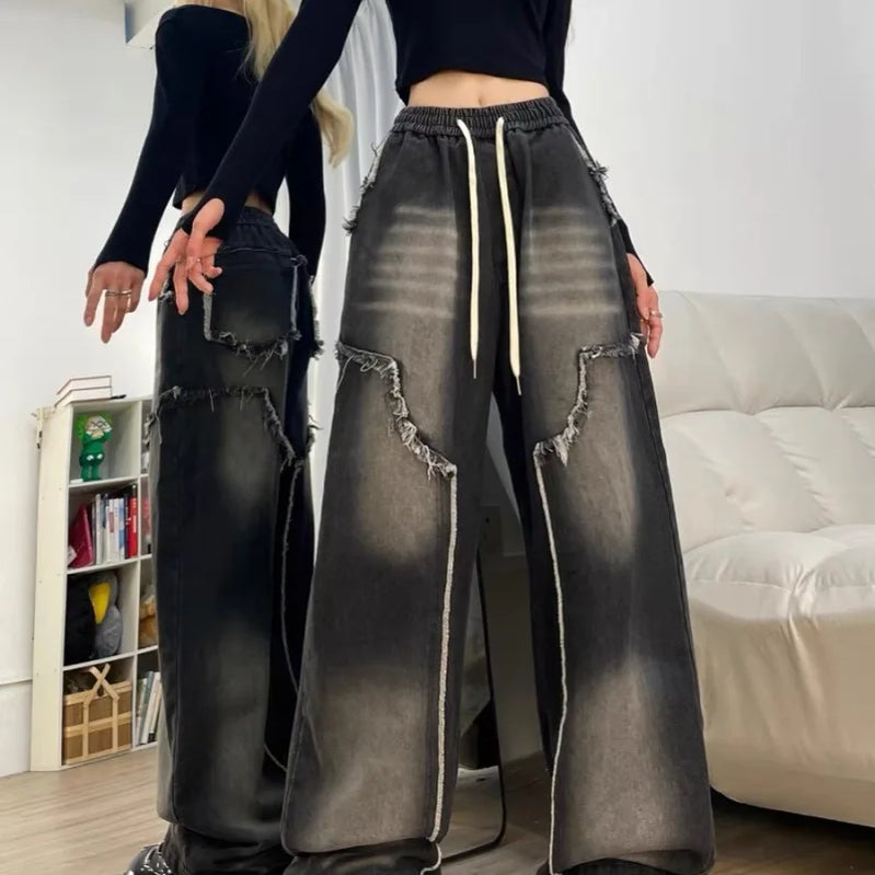 Autumn Winter New Straight Tube Women's Jeans American Retro Baggy Jeans Ladies Black Raw Edge Straight Tube Pants for Women