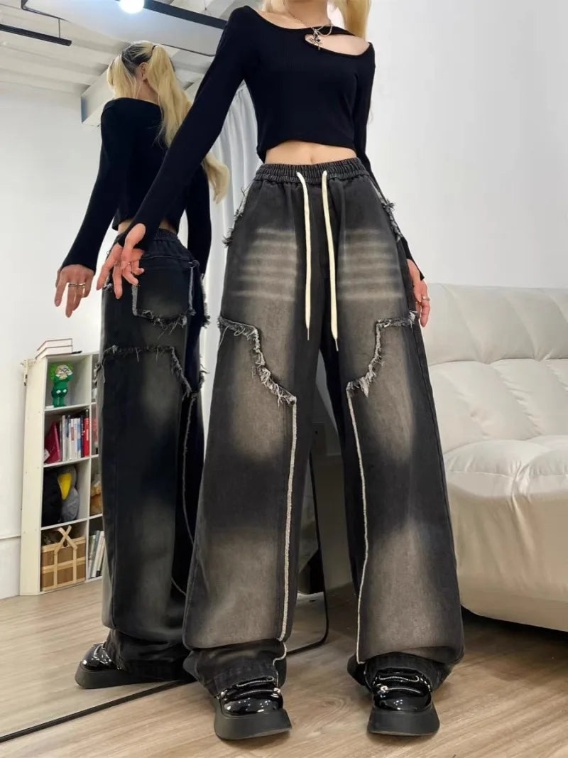 Autumn Winter New Straight Tube Women's Jeans American Retro Baggy Jeans Ladies Black Raw Edge Straight Tube Pants for Women