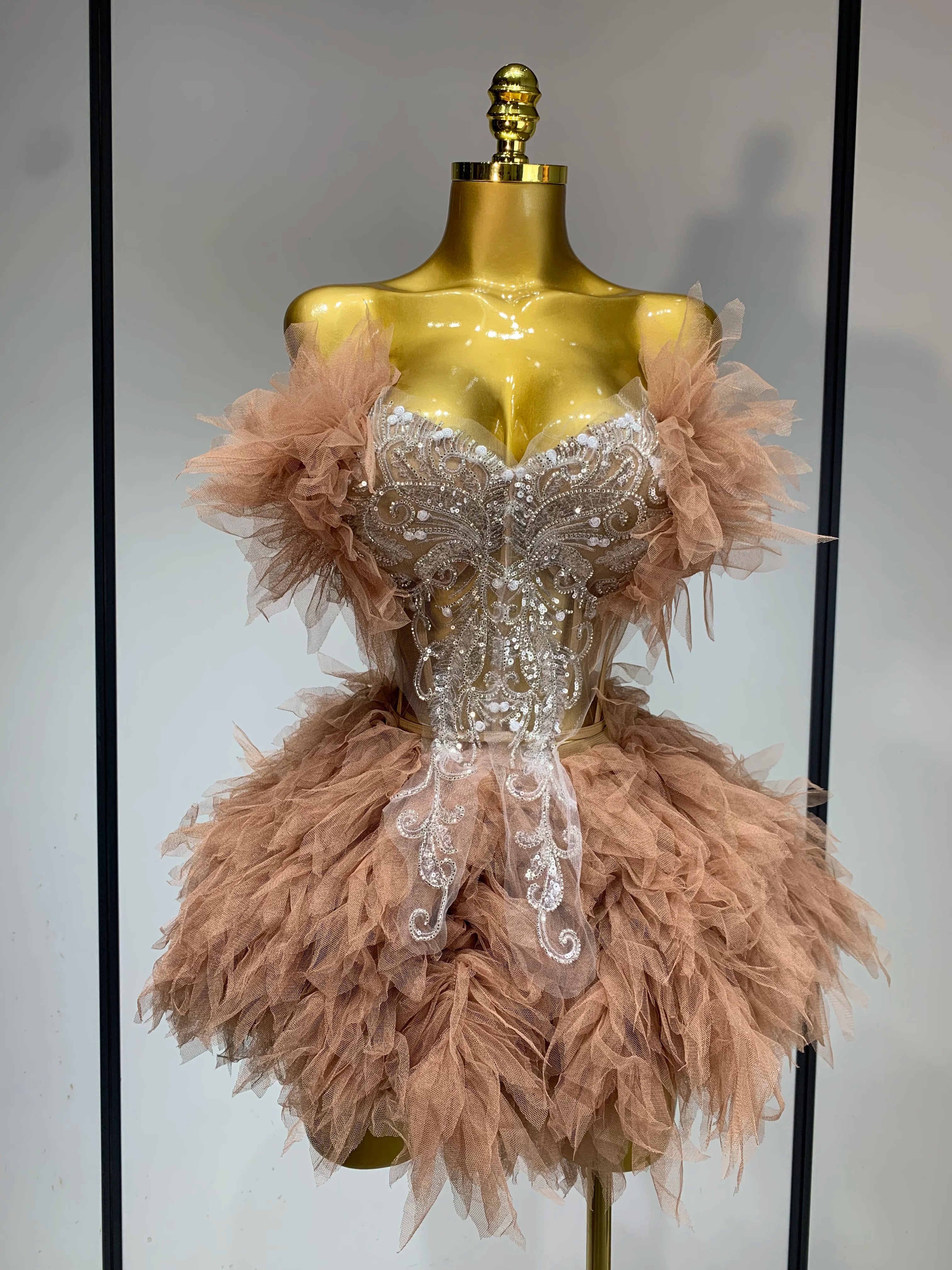 Women Sexy Strapless Mini Two Pieces Set Luxury Birthday Evening Party Dress Bar Nightclub Singer Dancer Stage Outfit