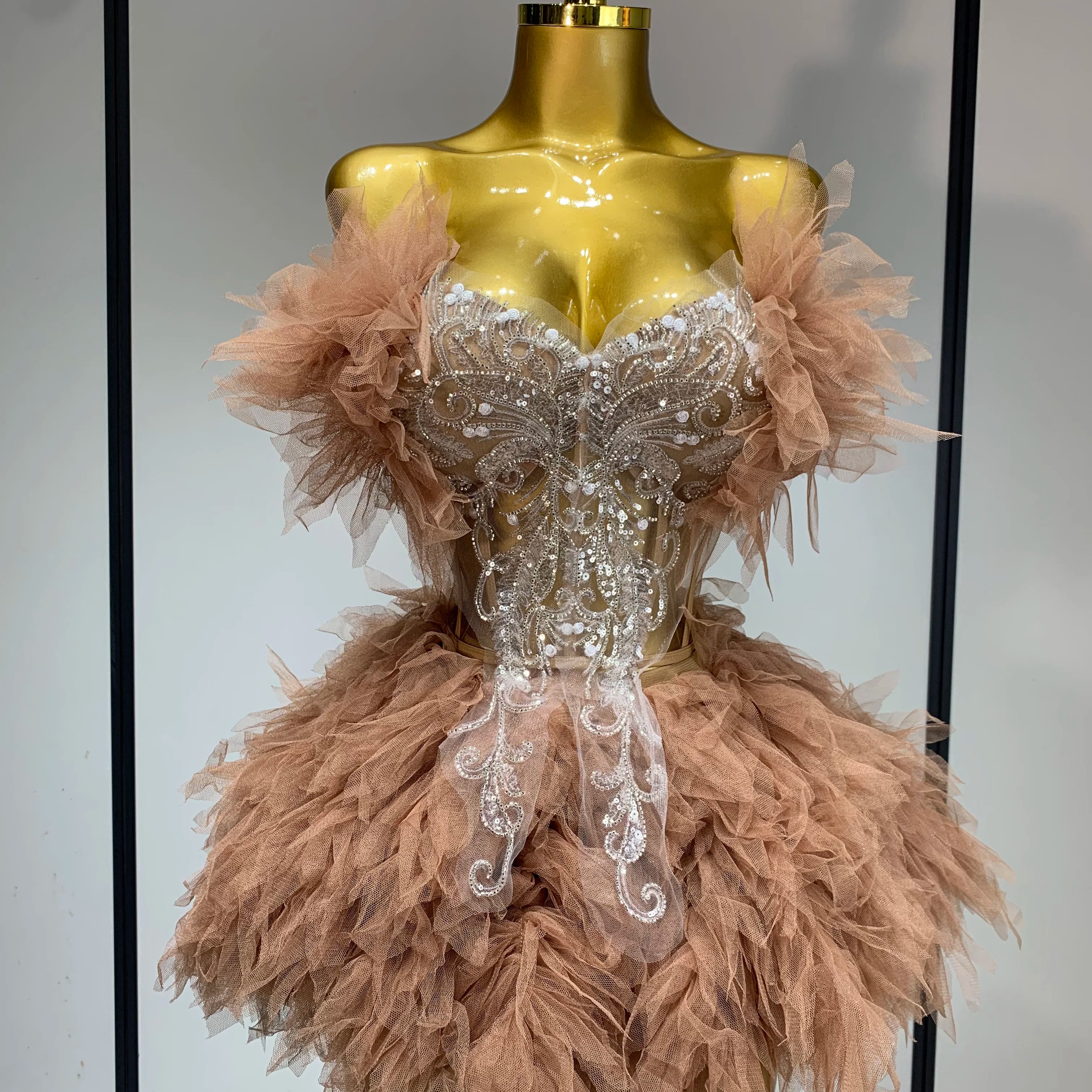 Women Sexy Strapless Two Pieces Set Prom Gown Mini Dress Celebrate Nightclub Party Performance Costume Singer Stage Wear