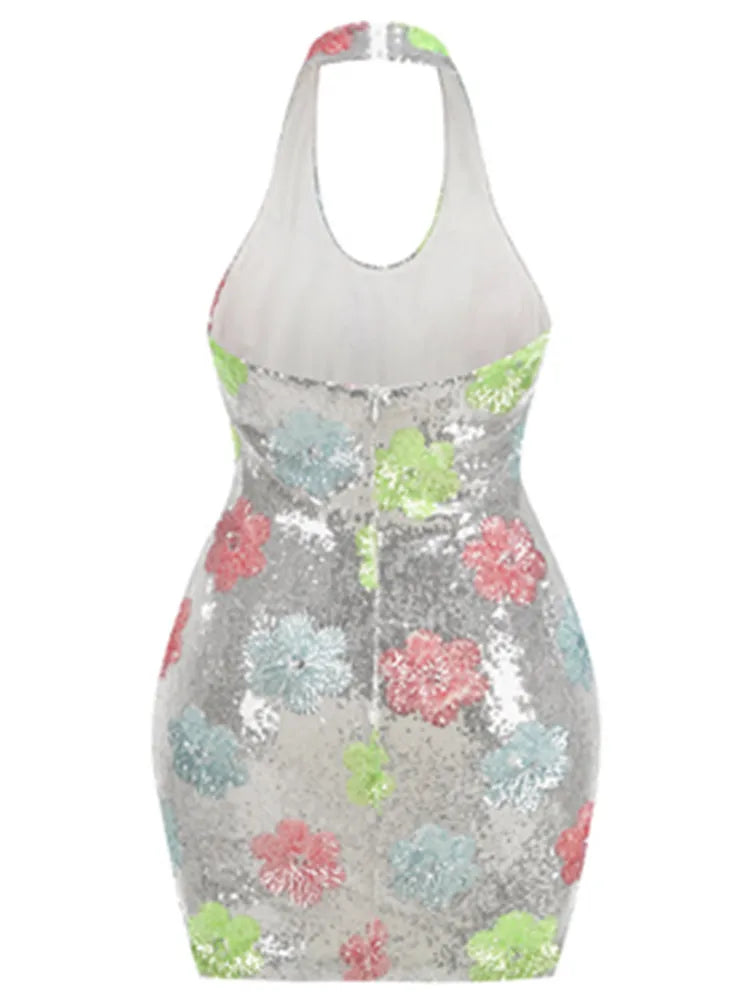 Luxury Women Celebrity Sexy Backless Halter Leaf Mesh Sequins Mini Gowns Dress 2025 Elegant Evening Party Club Vestido