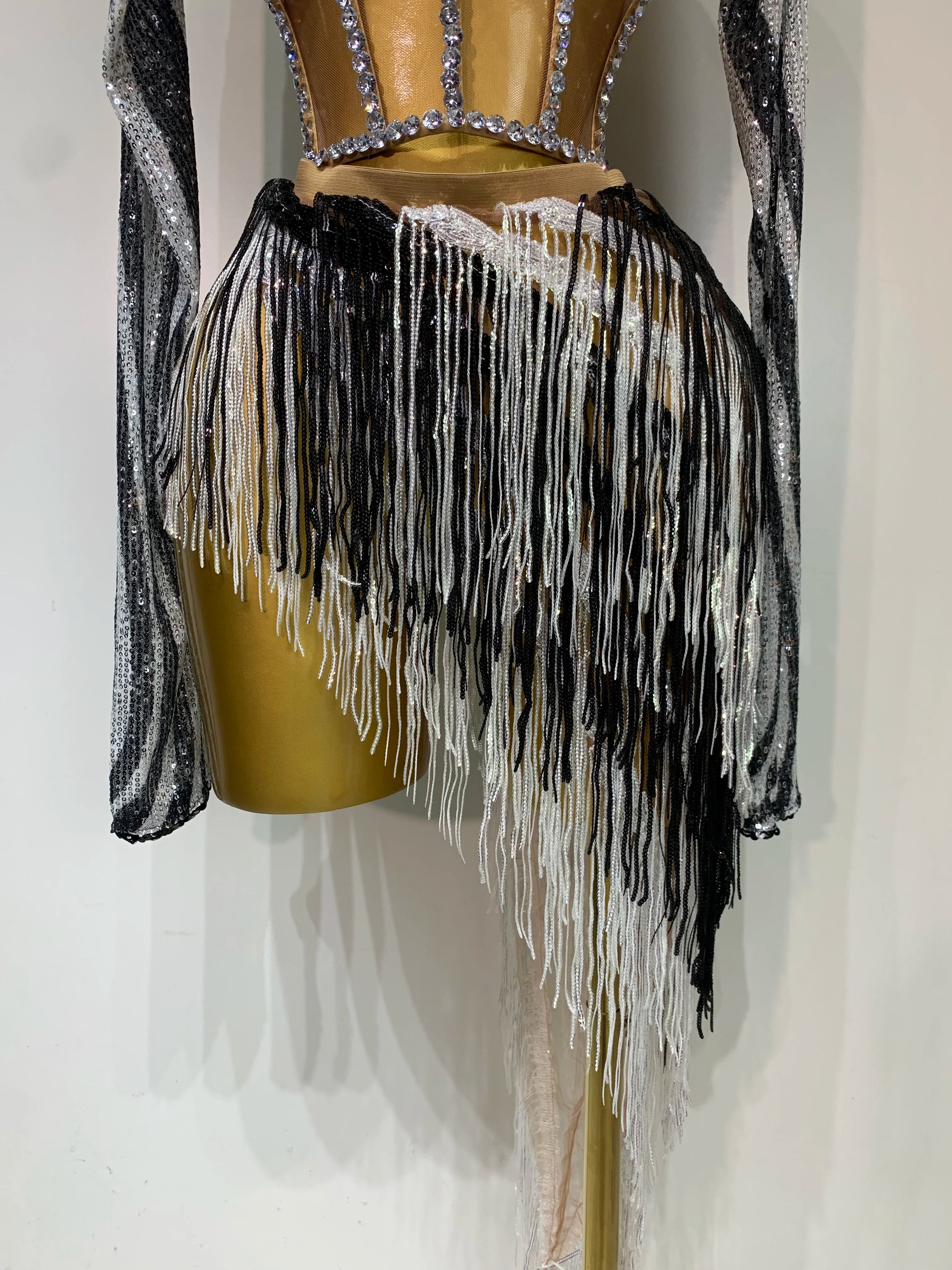 Sparkly Diamond Sequin Tassels Sexy Mesh Long Sleeved Two Piece Set Women Sexy Evening paty Birthday Nightclub Stage Costume