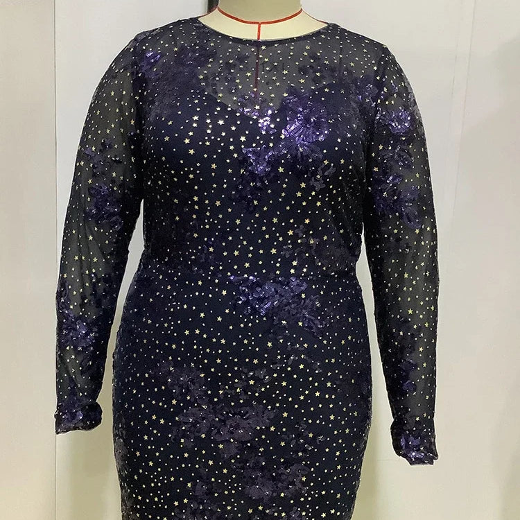 Sparkly Shiny Dresses for Women O Neck Long Sleeve Sequins Package Hip Sexy Mini Evening Birthday Party Plus Size Gowns 2024