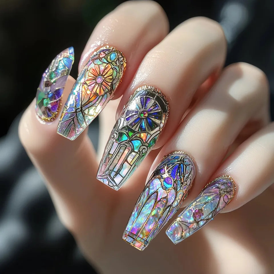 24pcs/set Medium long fake nails Swan fish flowers for summer season gradient almond square ballet tips press on false nails
