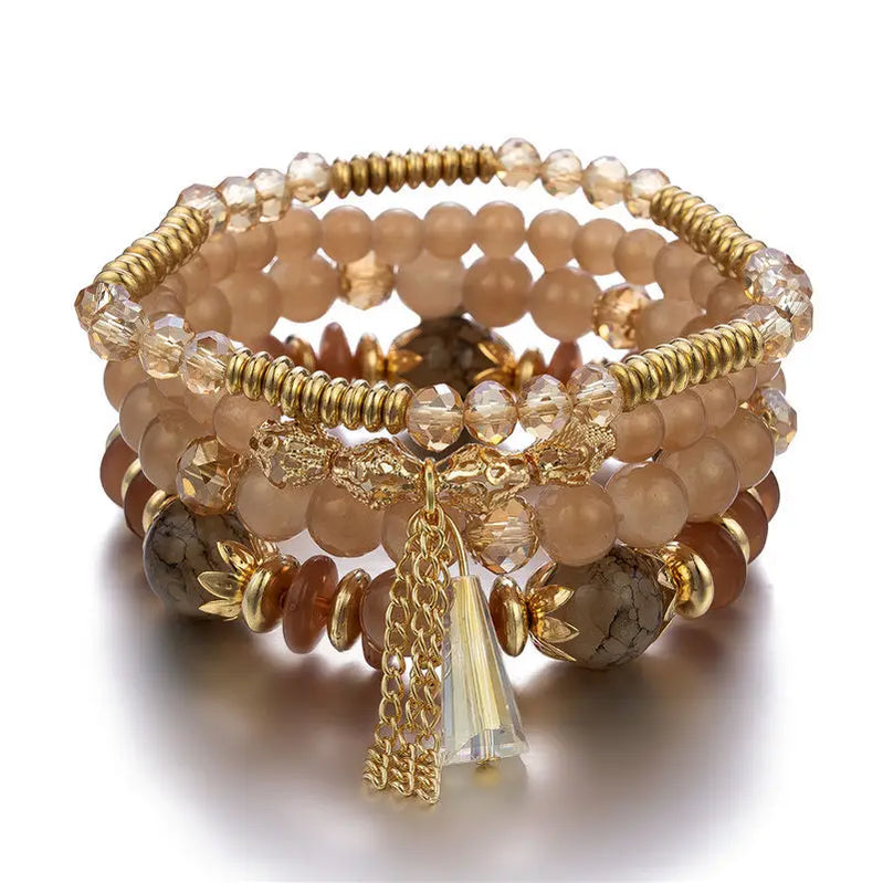 4Pcs Bohemian Women Pink Tassel Bracelet Set For Female I Love You Feather Round Charm Beads Chain Bangle Fashion Party Jewelry BR133-1