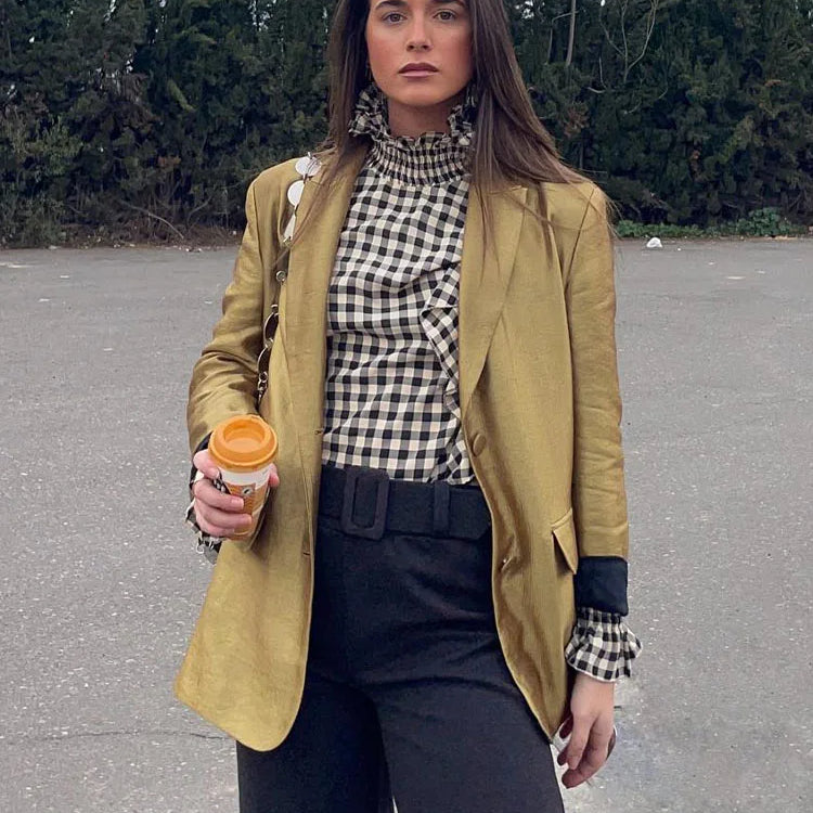 TRAFZA Autumn New Women's Fashion Gold Blazer Retro V Neck Party Long Sleeve Button Up Women's Pocket Casual Blazer Chic Top