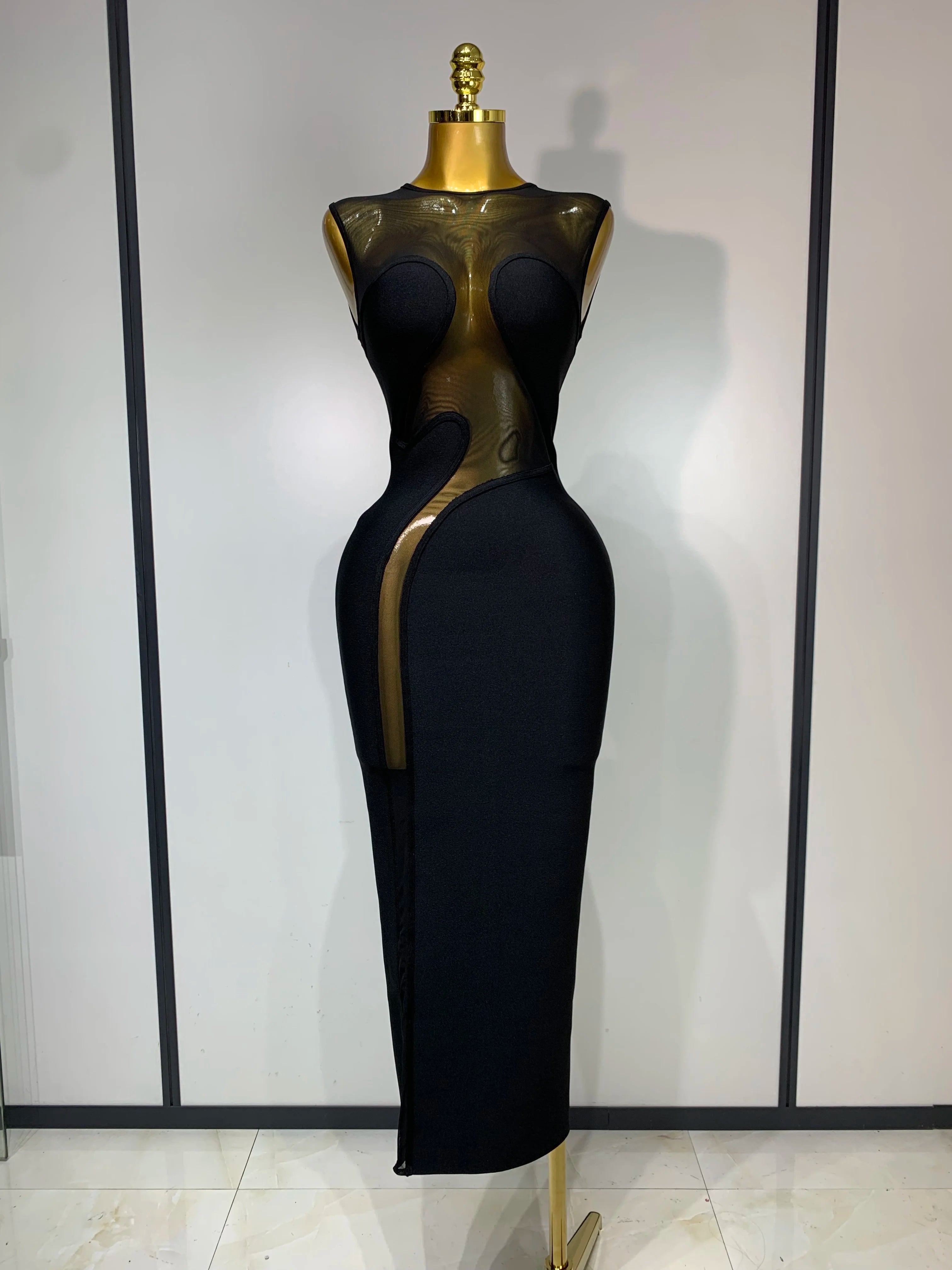 Women Sexy Mesh Patchwork Bandage Round Neck Sleeveless Bandage Dress Celebrity Elegant Evening Party Dress Club Wedding Gown