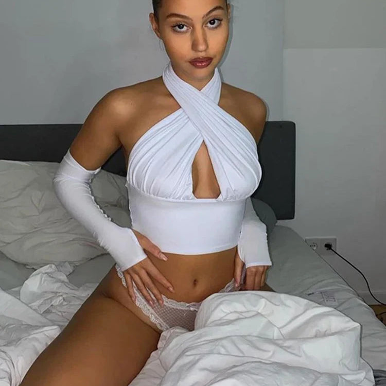 Women Strappy Cross Over Front Cut Out Halter Neck Sleeveless Backless Crop Top Bandage Vest Summer Sexy Tops Woman Clothes S-XL WHITE