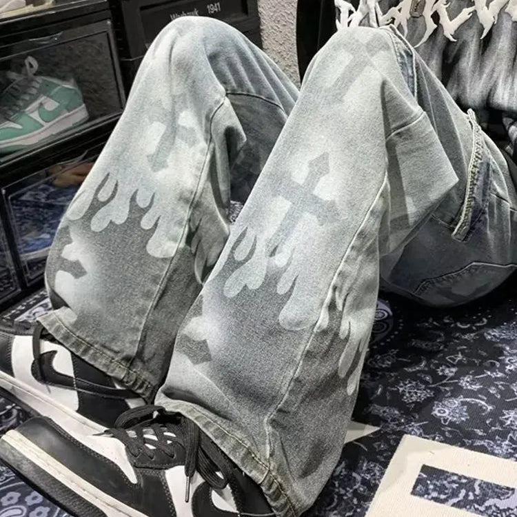 Women Jeans Pants Ins High Street Fashion Cargo Trousers Hiphop American Vibe Style Overalls Gothic Punk Cross Print Jeans Women