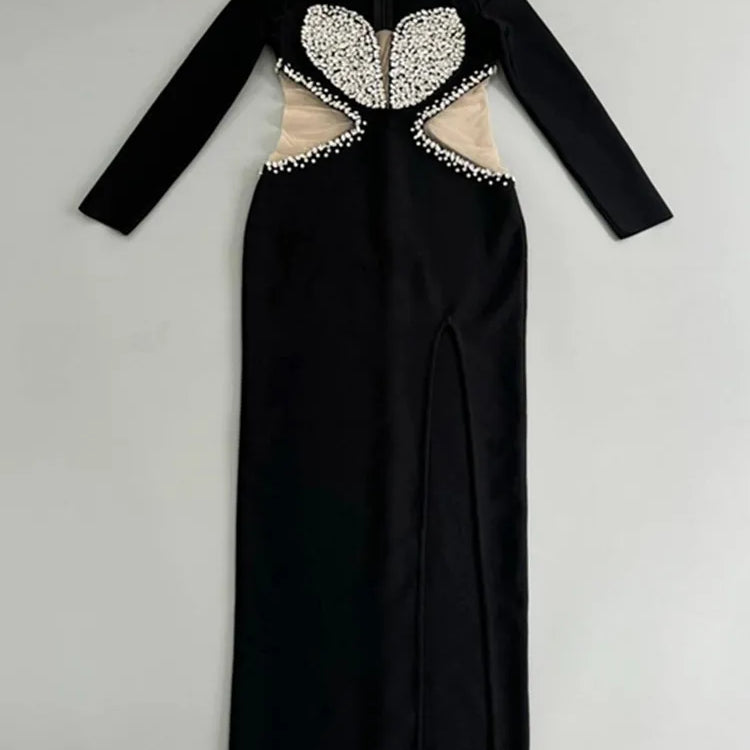 Vestido longo de bandagem preto, sexy, de manga comprida, com decote em V e contas, para mulheres, celebridades, 2025, elegante, para festa à noite