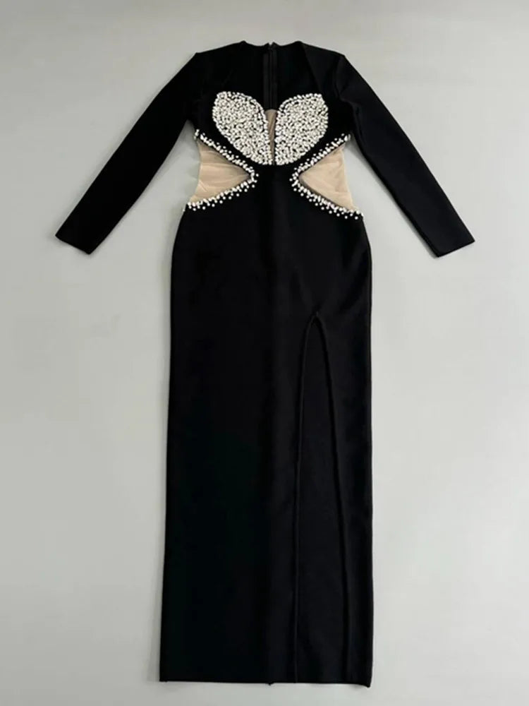 Vestido longo de bandagem preto, sexy, de manga comprida, com decote em V e contas, para mulheres, celebridades, 2025, elegante, para festa à noite