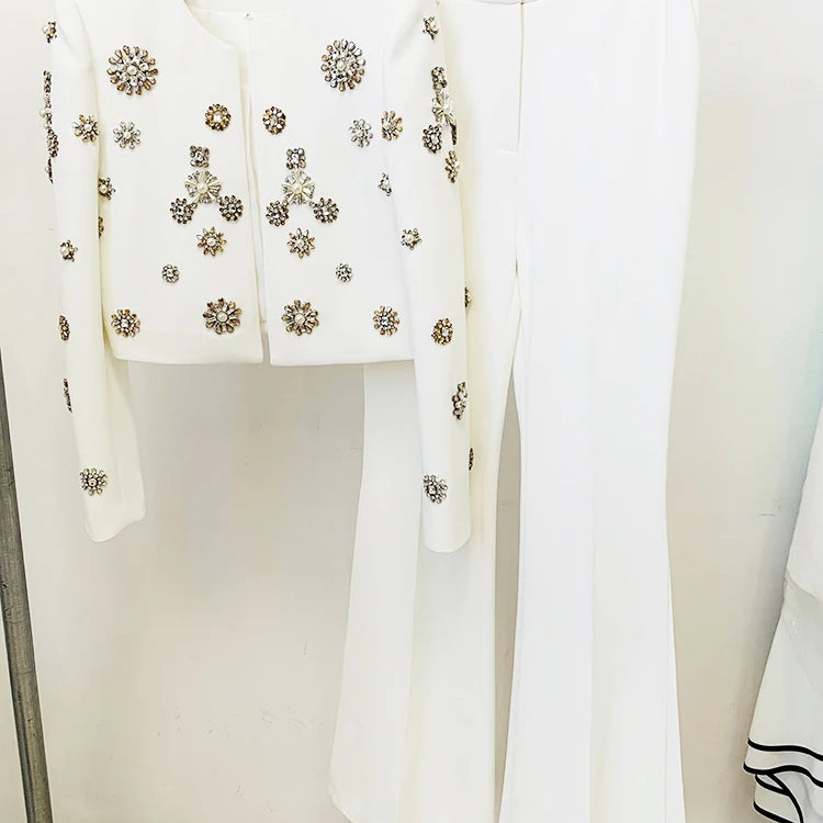 HIGH STREET est Fashion 2024 Designer Suit Set Women's Pearls Diamonds Rhinestone Beaded Trimed Jacket Flare Slit Pants Suit