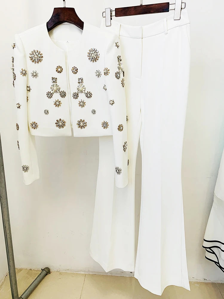 HIGH STREET est Fashion 2024 Designer Suit Set Women's Pearls Diamonds Rhinestone Beaded Trimed Jacket Flare Slit Pants Suit