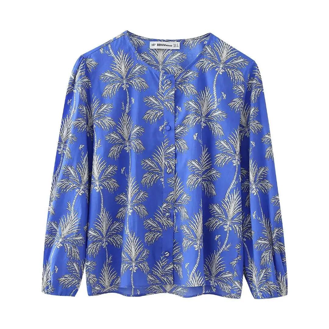 TRAFZA Women 2 Piece Set Print O-Neck Single-Breasted Decorate Long Sleeves Casual Top+Elegant Pocket Buttons Zipper Long Pant blue print top