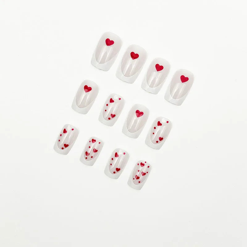 24Pcs Blush Red Fake Nails Short Square Press On Nails Love Heart Printed Women Girls Valentine's Day Charm False Nails Art