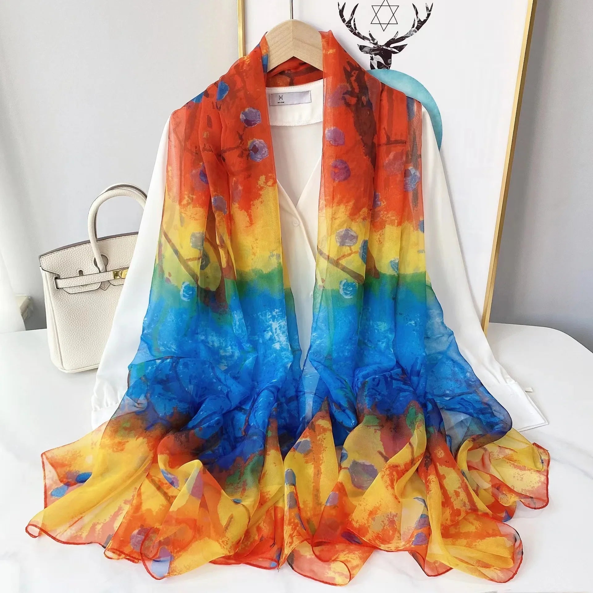Print Silk Scarf Hijab Women Spring Deisgn Soft Beach Stoles Elegant Head Scarves Echarpe Shawl Satin Large Wrap Echarpe Bandana see chart 19
