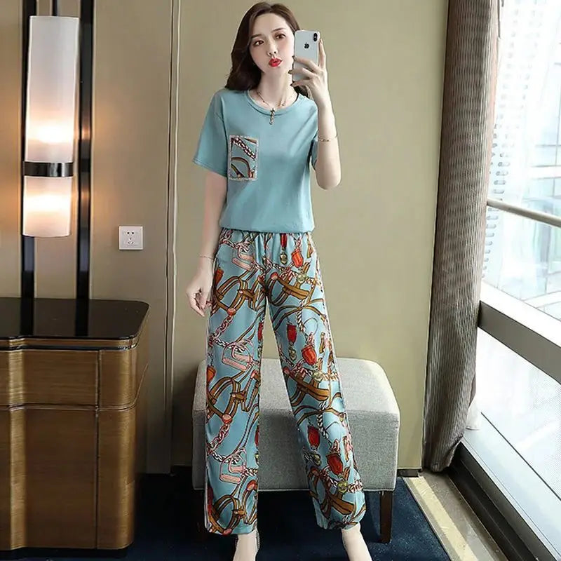 Women Casual Plus Size Clothing Suit 2025 Summer New Fashion Large Korean Short Sleeve Top Wide Leg Pants 2 Two Piece Set Female