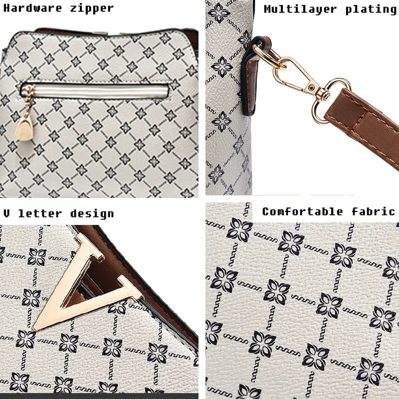 Women Vintage Print Crossbody Bag V Letter Classic Shoulder Bag Female Elegant Geometric Pattern Casual Bag Work Gift