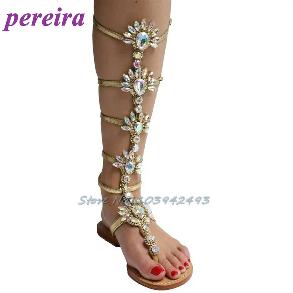 Flower Rhinestones Sandals Open Toe Flip Flops Gladiator Roman Women Bohemian Style Vacation Shoes Zapatos De Mujer Tacones