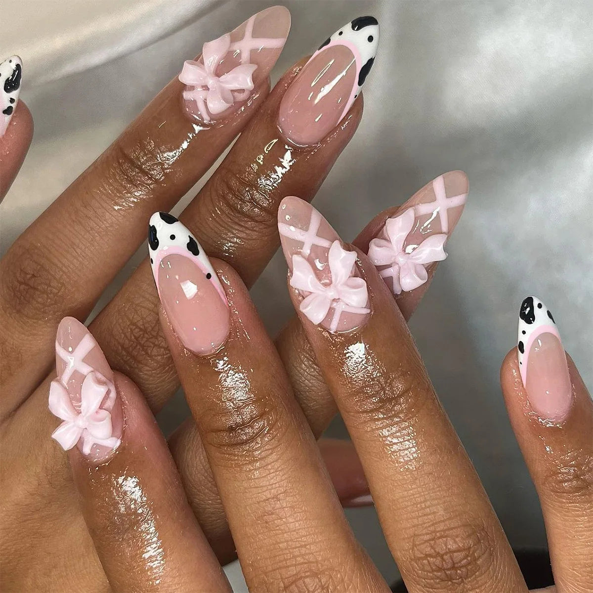 10Pcs White French Fake Nail with Glue Almond Press on False Naills Pink 3D Bow Camellia Design Nails Art Wearable Manicure Tips