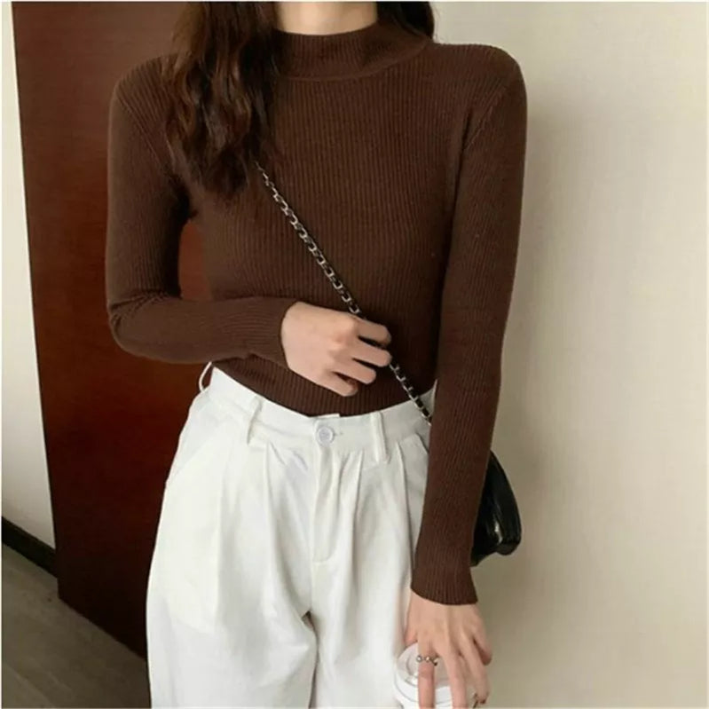 Winter Turtleneck Women's Sweater Knitted Pullover Soft Slim Long Sleeve Top Solid Color Basic High Neck Jumper Woman Clothing B-half neck-brown One Size(40-65kg)