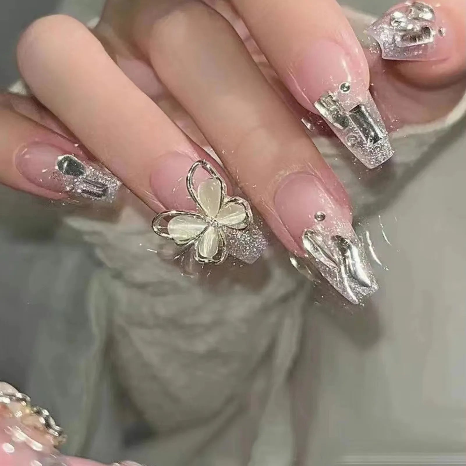 24Pcs Red Fake Nails with 3D White Flower Design Mid Length Coffin Press on Nails Wearable Korean Sweet Flower False Nails