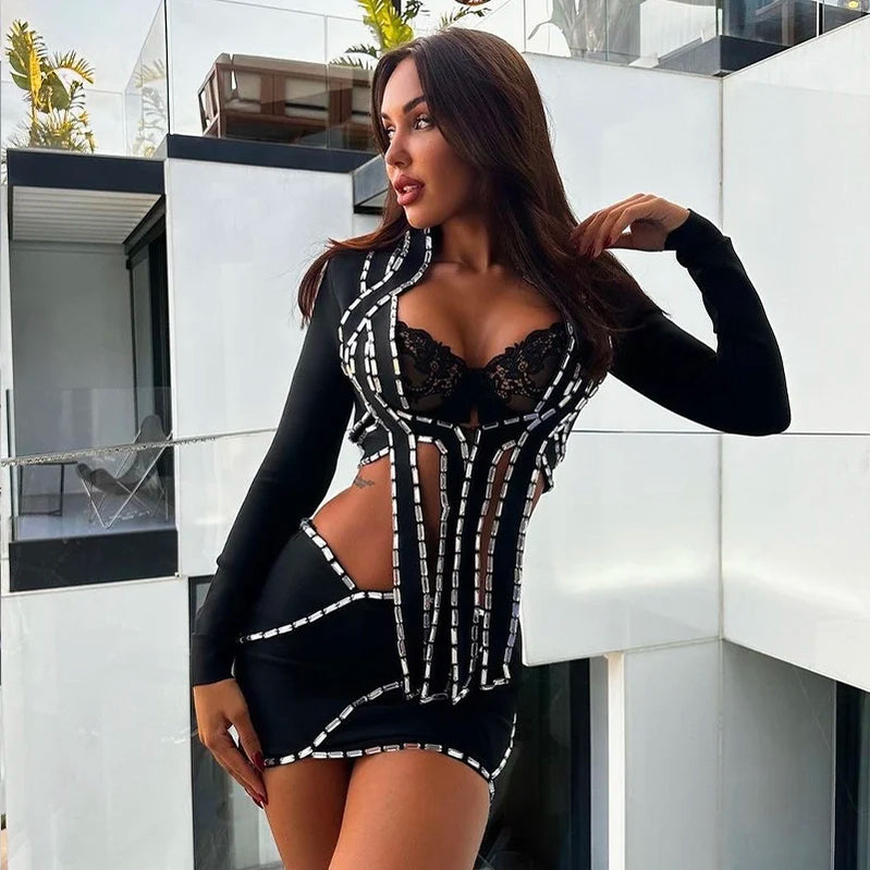 High Quality Women Long Sleeve Shinning Crystal 2 Pieces Bodycon Mini Bandage Dress Rayon Fashion Nightclub Party Birthday Dress