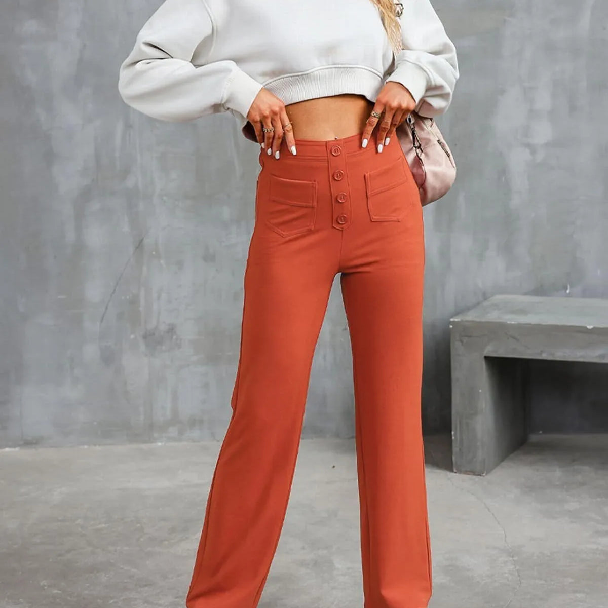 Women's High-waisted Elastic Casual Trousers Fashionable Casual Straight-leg Pants Buttoned Elegant Casual Pants Orange
