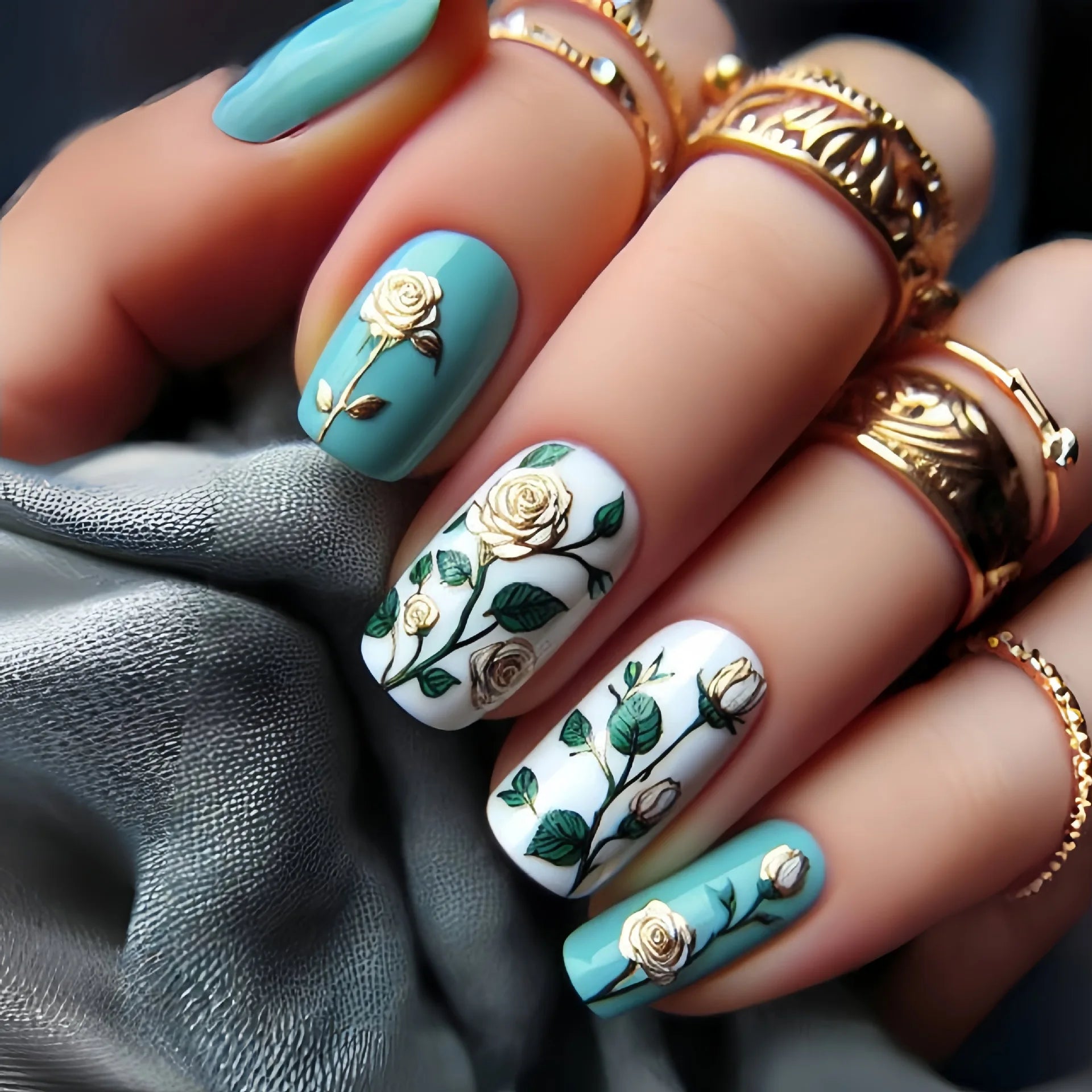 24Pcs Fake Nails Mid-length Ballet Press on False Nails with Blue Flowers Design Fashion Nails Set Detachable Nail Spring/Summer
