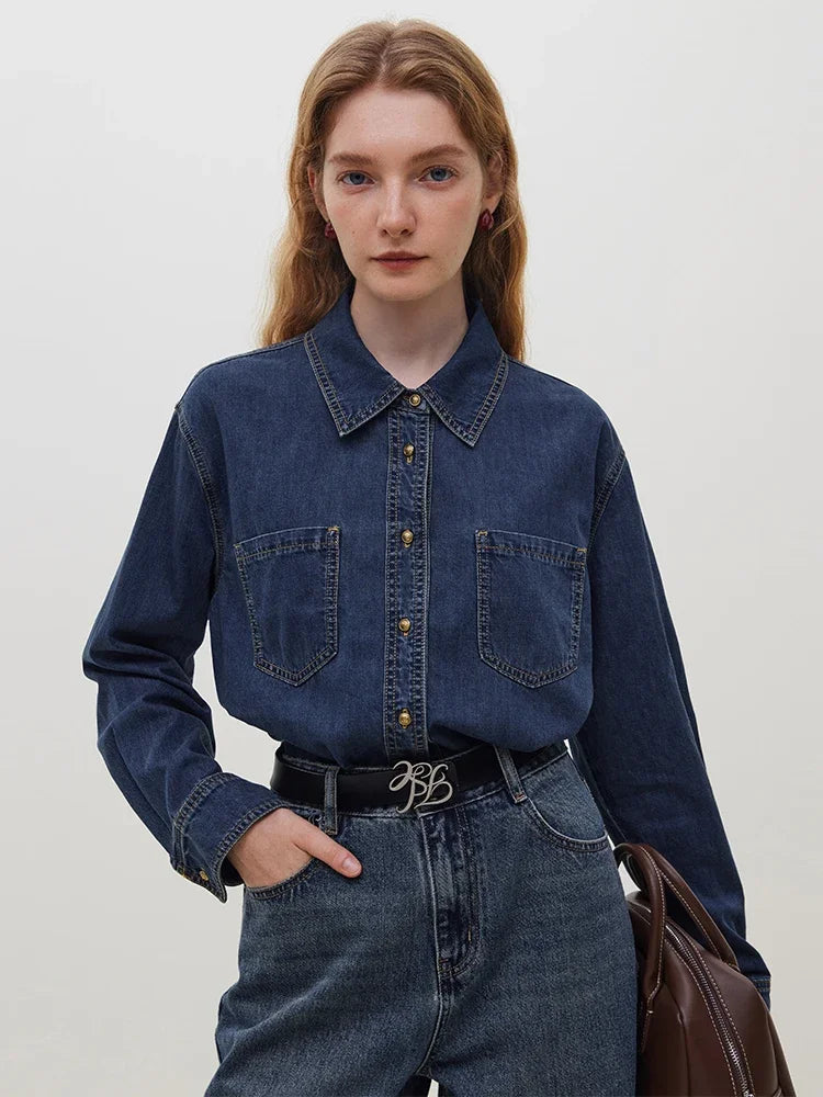 Deep Blue Soft Denim Shirt Women's Autumn Winter Long Sleeved Retro Casual Layered Shirt Blue Women Tops For Work