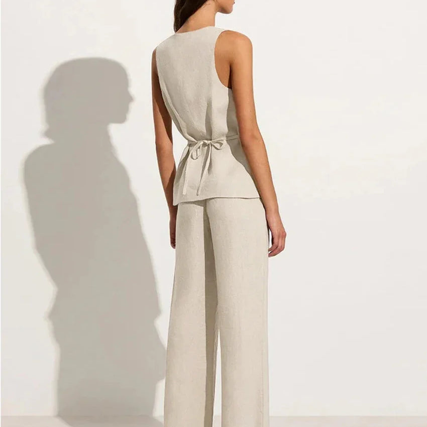 Clacive Summer Slim Khaki Linen 2 Piece Sets Women Outfit Fashion Sleeveless Tank Top With High Waist Pants Set Female