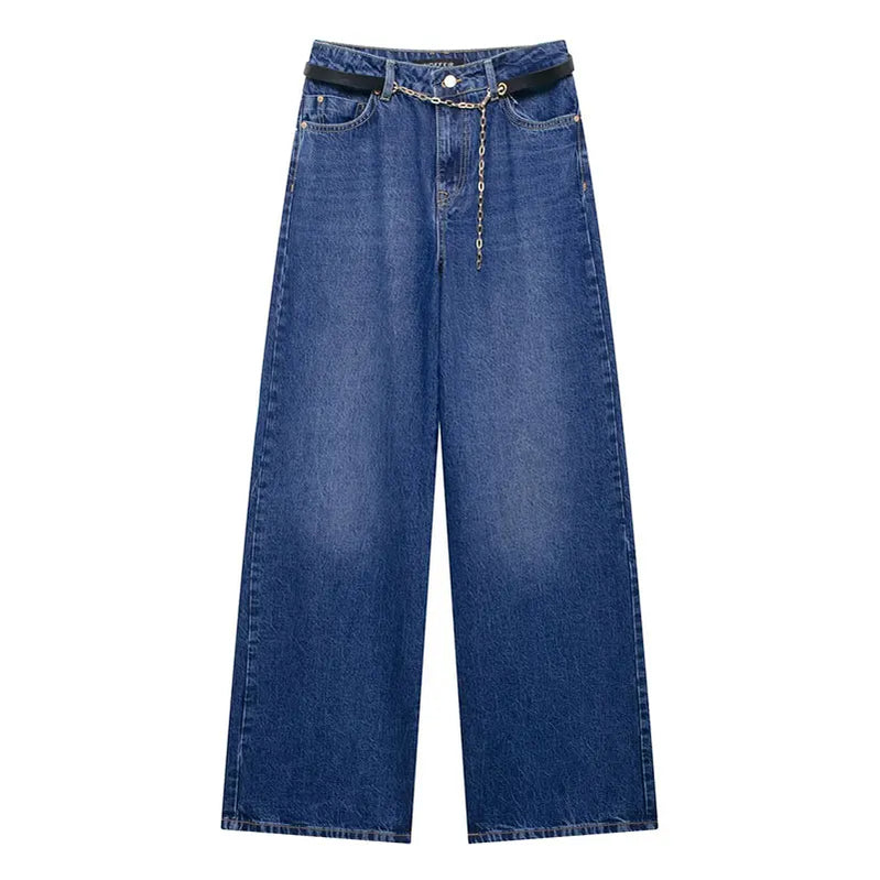 TRAFZA Summer Denim Trousers Set For Women Sleeveless Cropped Vest Top + Wild Basic Women's Wide Leg Long Pant Trendy denim pant