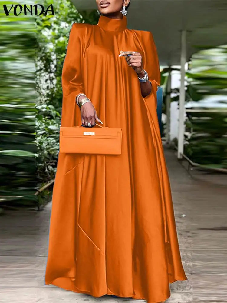 5XL Plus Size Women Dress Stand Collar Elegant Satin Dress Long Bat Sleeve Evening Pleated Maxi Sundress Casual Robe