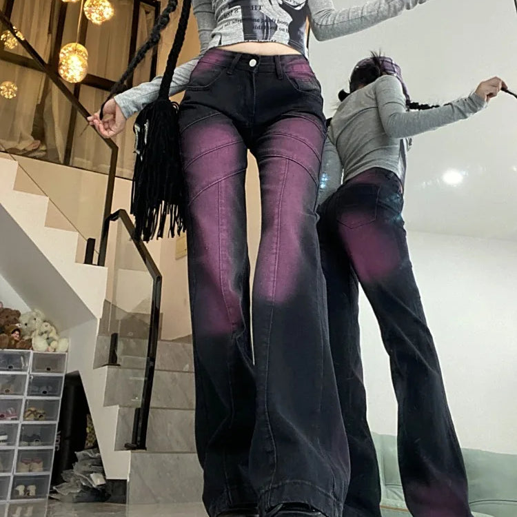 Tie Dye Y2K Jeans for Women Fashion High Waisted Casual Denim Pants Vintage Streetwear Slim Flare Denim Pants