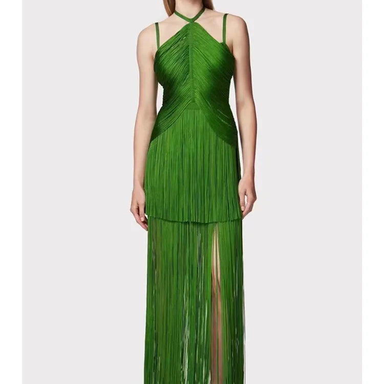 Women Celebrity Sexy Backless Tassel Green Black Ankle Length Bodycon Bandage Dress 2025 Elegant Evening Club Party Outfit