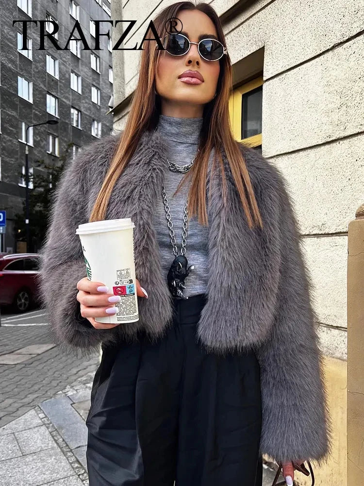 Winter New Fashion Female O-Neck Vintage Long Sleeve Loose Streetwear Top Woman Artificial Fur Effect Jacket Coats