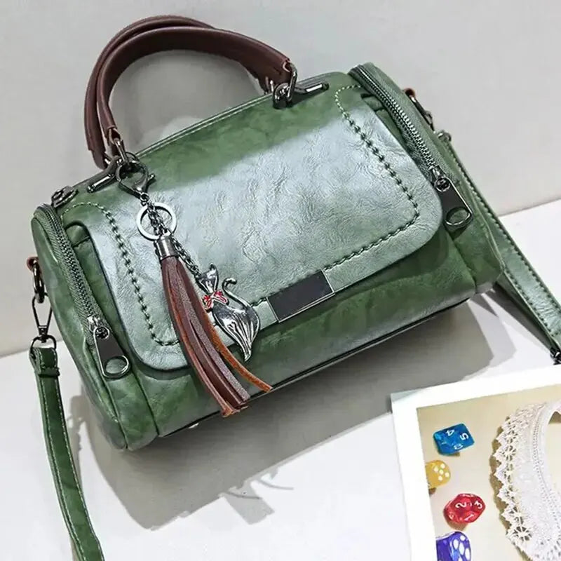 Tassel Decor Handbag, Women's Large Capacity Shoulder Bag, Fashion Zipper Crossbody Bag With Removable Strap green