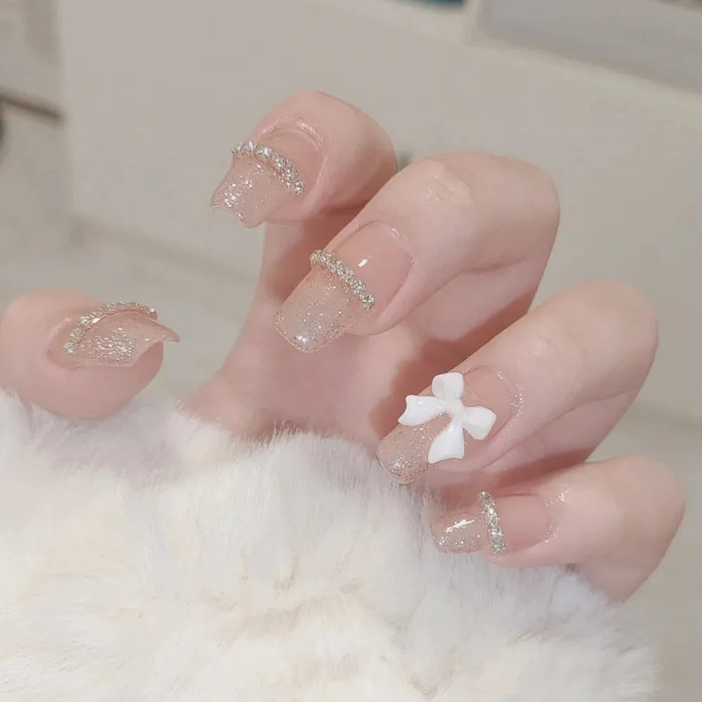 24Pcs Mid-length Ballet Fake Nails Shiny Powder 3D Bow Design Full Cover Nails Tips Art Rhinestone Reusable Press on False Nails