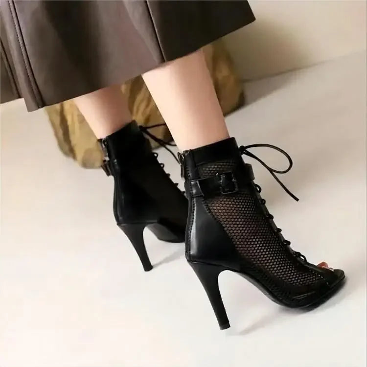 Sandals Hollowed Mesh Heels Belt Buckle Women's Summer Beige Lace-up Sexy Open Toe Boots Stiletto Jazz Dance Party Ladies Shoes black pu