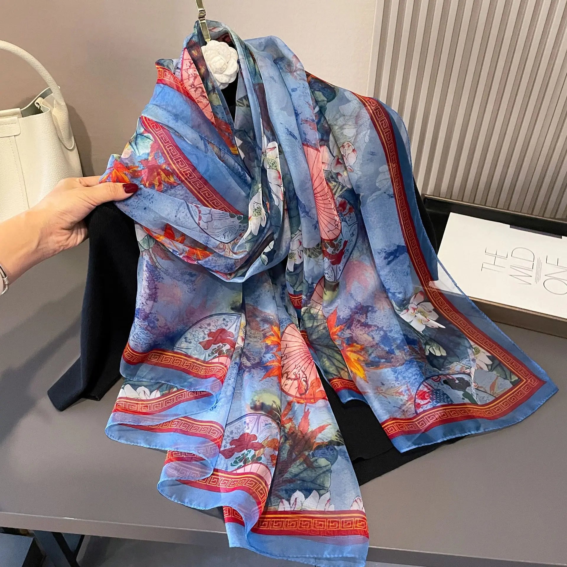 Print Silk Scarf Hijab Women Spring Deisgn Soft Beach Stoles Elegant Head Scarves Echarpe Shawl Satin Large Wrap Echarpe Bandana see chart 8
