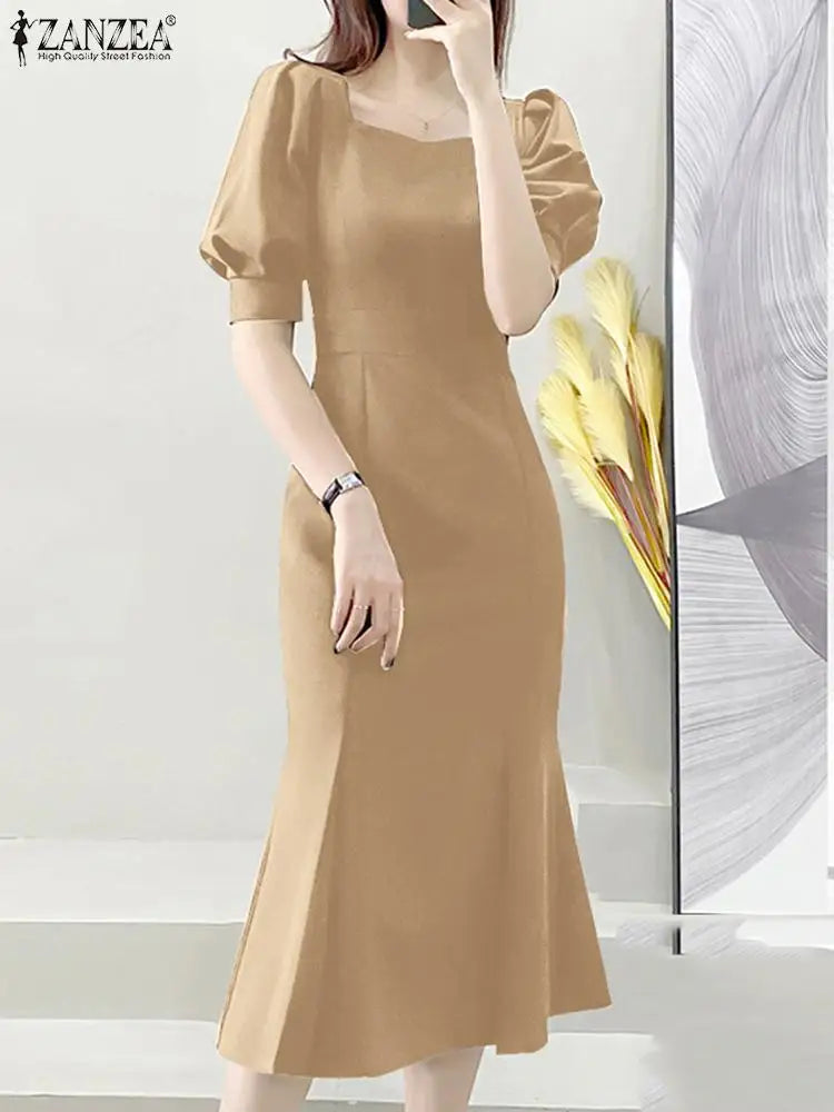 Elegant Party Midi Sundress Sexy Square Collar Holiday Short Puff Sleeve Mermaid Dresses Women Fashion Waisted Long Robe