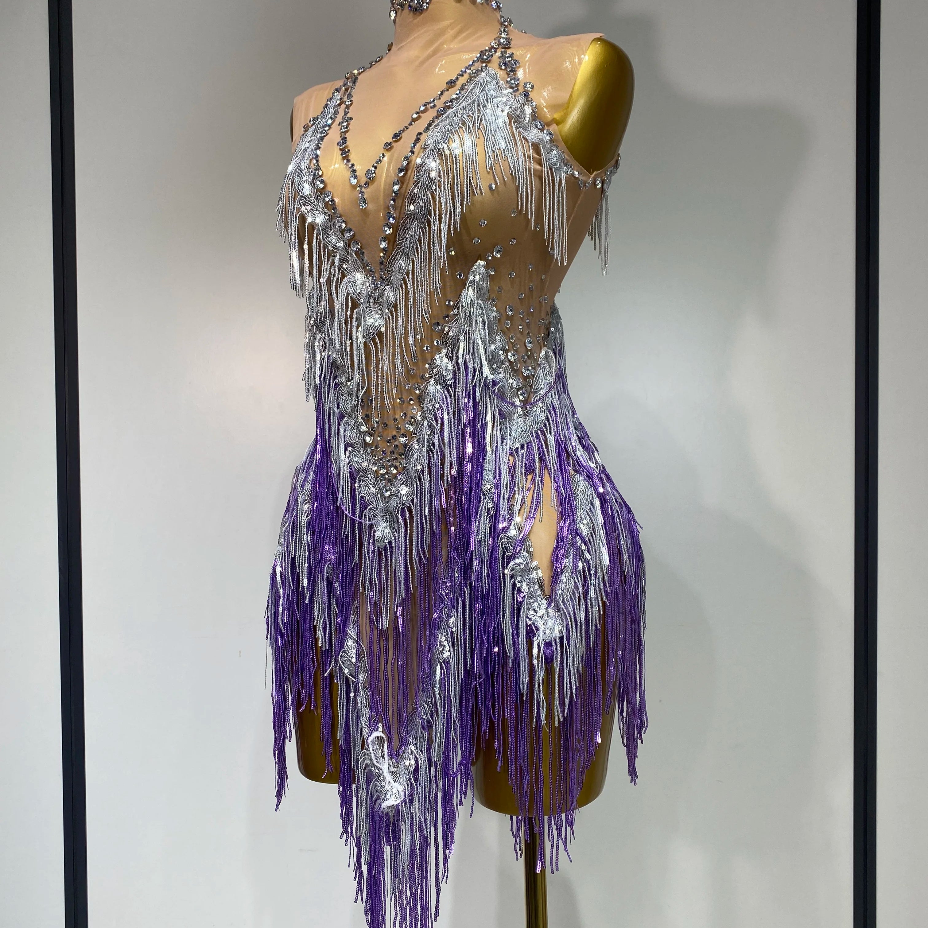 Luxury Rhinestone Tassel Sexy Women Short Latino Dance Dress Birthday Nightclub Bar Sleeveless Sparkly Performance Stage Outfit