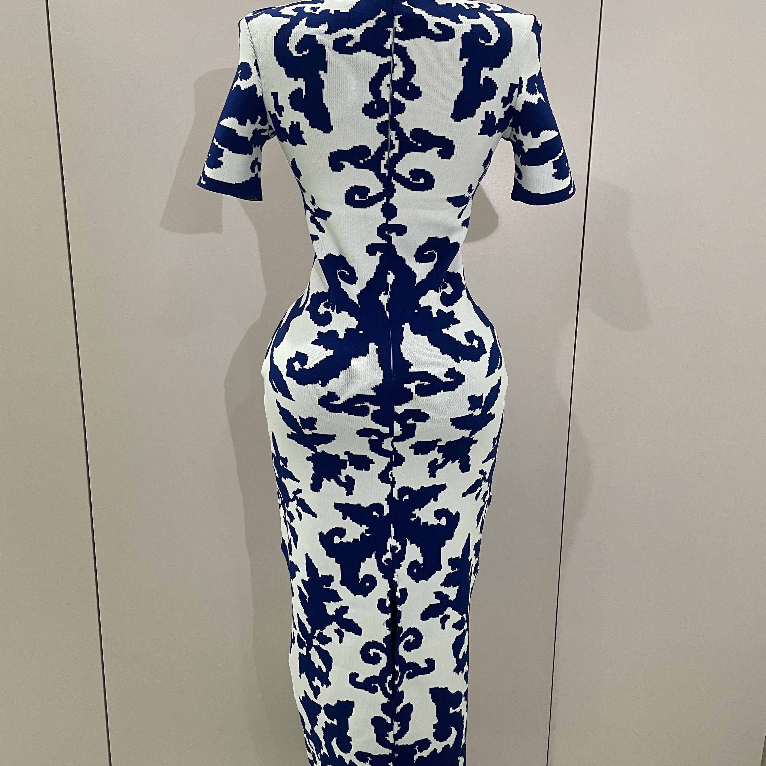 Vestido longo sexy de manga curta jacquard azul com bandagem colado ao corpo, novo, 2025, feminino, celebridade, elegante, festa noturna, vestidos de luxo