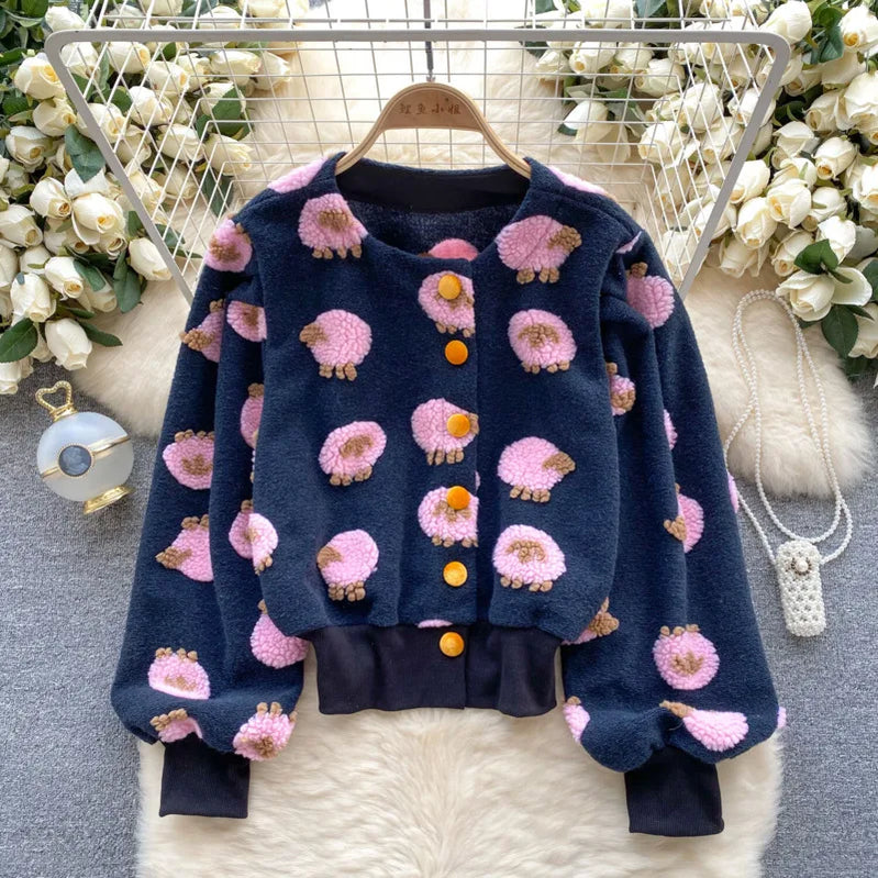 Sweet Long Sleeve Single Breasted Short Jacket Retro Three-dimensional Flower O Neck Clothing Winter 6 Color Coat