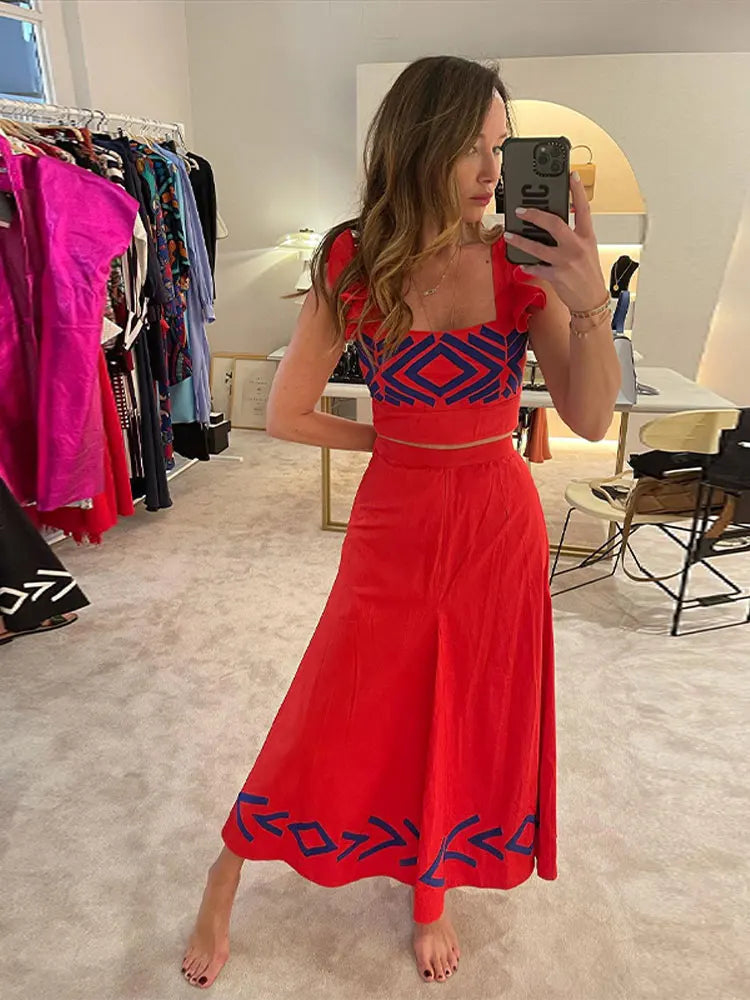 Fashion Print Skirt Suit Dress Women Spaghetti Strap Sleeveless Crop Top Skirt 2 Piece Set Spring Summer Lady Beach Outfits Red