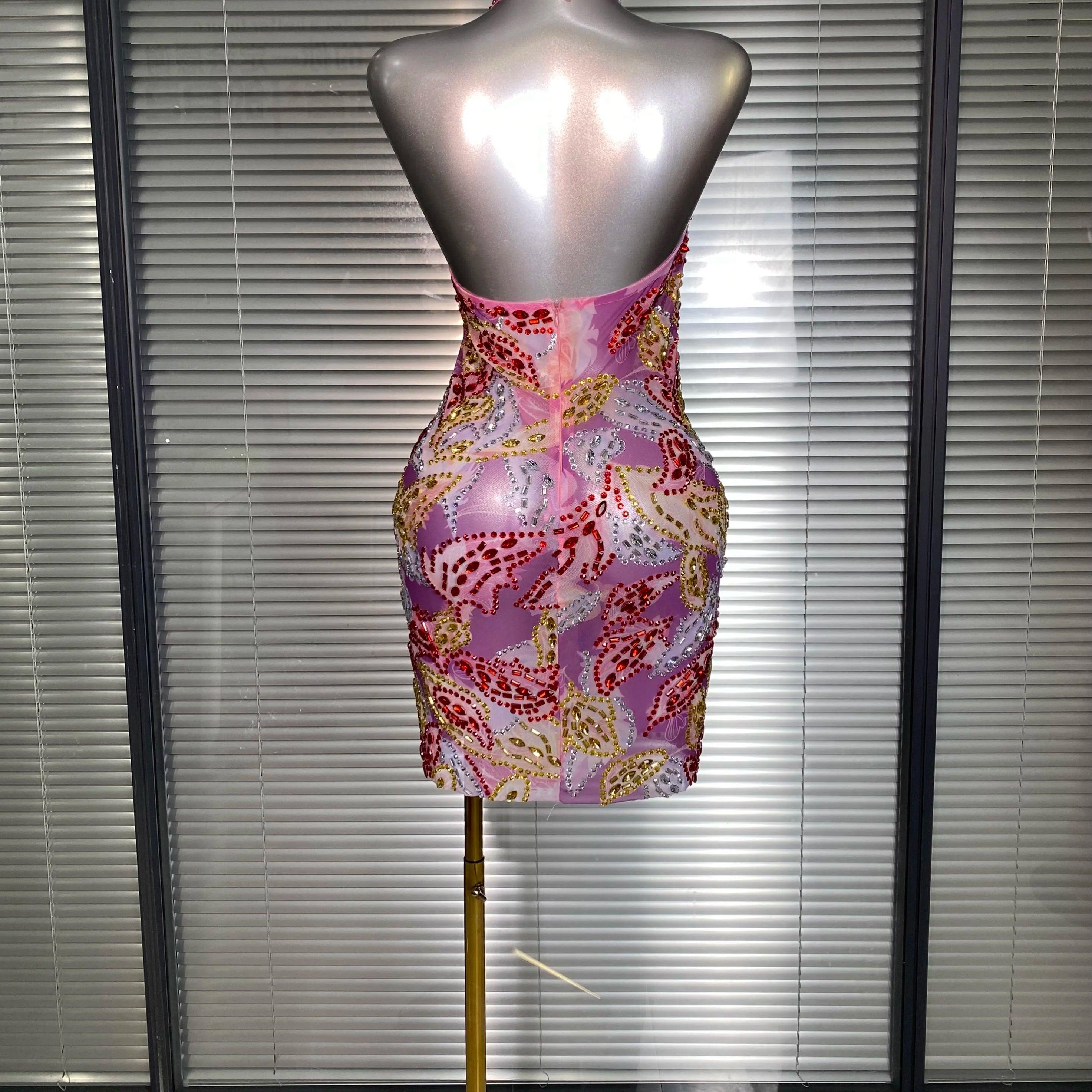 Celebrity New Women Sexy Printed Mesh Sheer Crystal Rhinestones Halter Stage Costume Stage Dancer Night Club Mini Party Dress