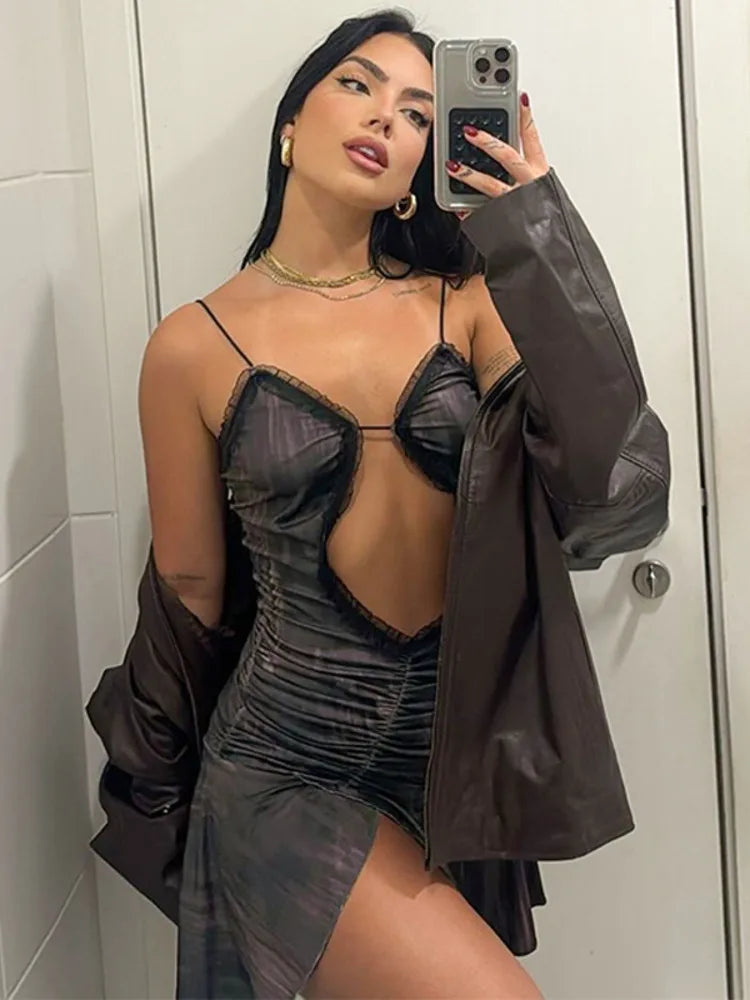 Hollow Out Spaghetti Strap Sexy Mini Dress For Women Off-shoulder Strapless Ruffled Ruched Skinny Split Dress Vestido