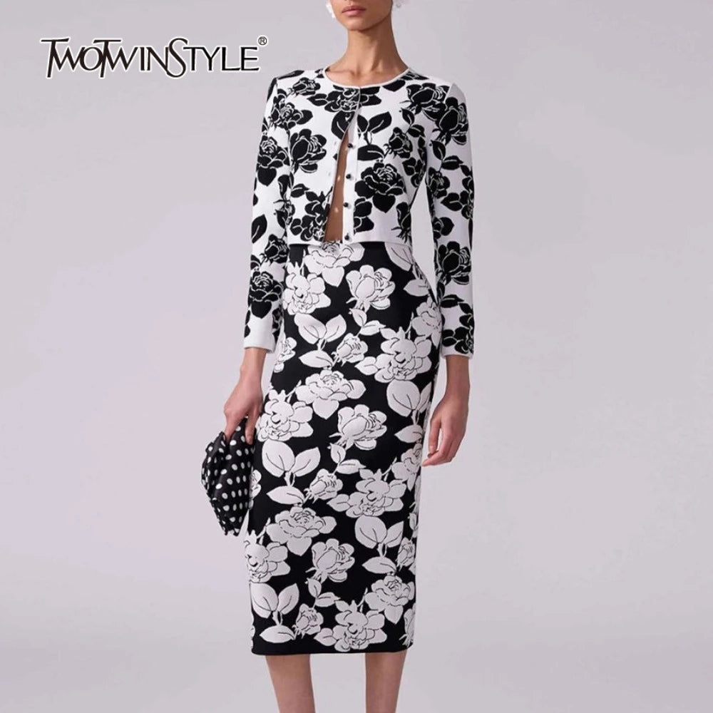 TWOTWINSTYLE Hit Color Printing Two Piece Sets for Women Round Neck Long Sleeve Patchwork Button Top High Waist Skirt Set Female